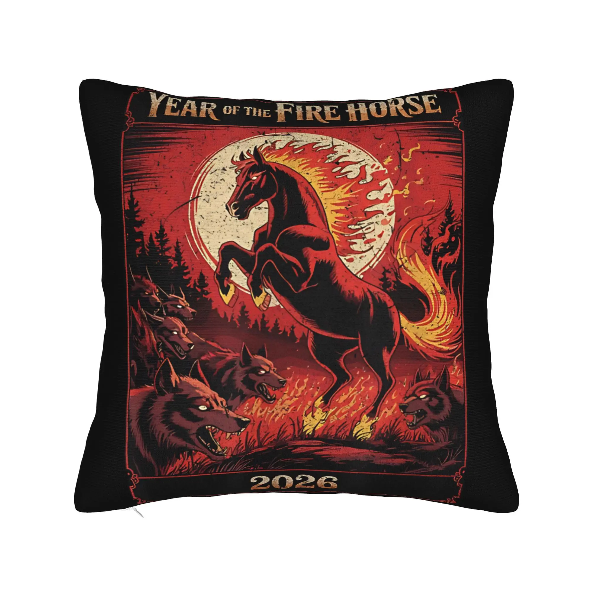 Year of The Fire Horse 2026 Pillow Case  Funny Pillow Cover Square Pillowcases For Chair Sofa Home Decor