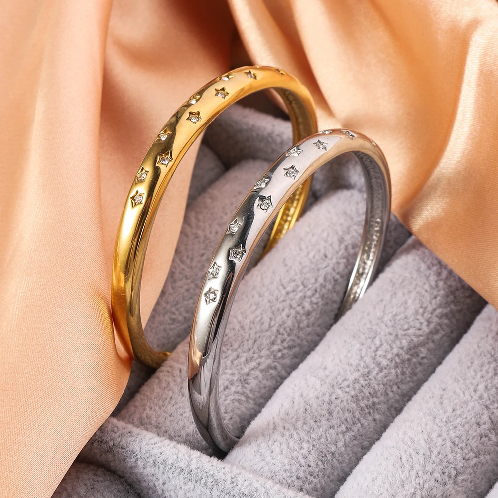 New Korean Style Fashion Pentagram Sparkling Zircon Open Stainless Steel Bracelet,Women's Exquisite Hand Accessories