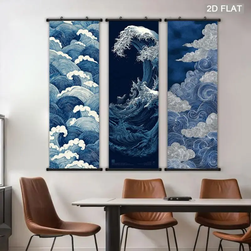 VIKAMA Indigo Great Wave Wall Tapestry Ukiyo-e Ocean Swirls Japanese Hokusai Scroll Art Home Decor Artistic Gift Soft Durable