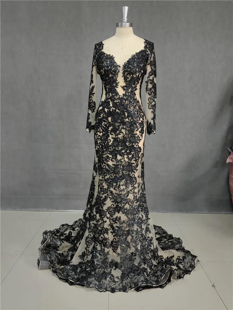 Smileven Mermaid Formal Evening Dress Long Sleeve Sexy Lace Black Long Prom Party Gowns Customized 2024