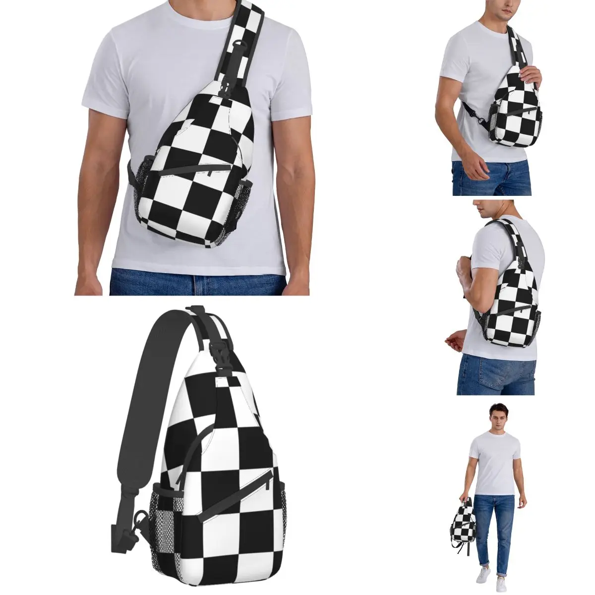 Checkered Squares Small Sling Bags Chest Crossbody Shoulder Backpack Outdoor Hiking Daypacks Chess Geometric Fashion Satchel