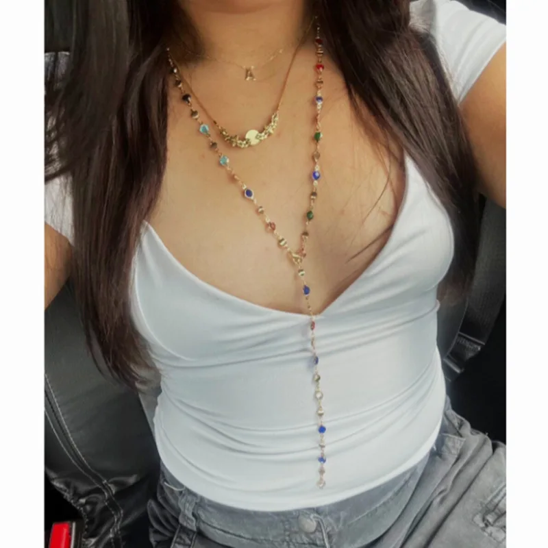 31,2 Zoll Mode Bunte Glas Lange Y-förmige Halskette für Frauen Metall Schlüsselbein Kette Sommer Urlaub Party Körper Schmuck – Detail 2