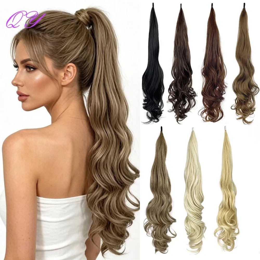 Easy Wear Flexible Wrap Ponytail 26 Inch Long Wavy Balayage Highlight Synthetic Wrap Around Hair Ponytail Extensions for Women