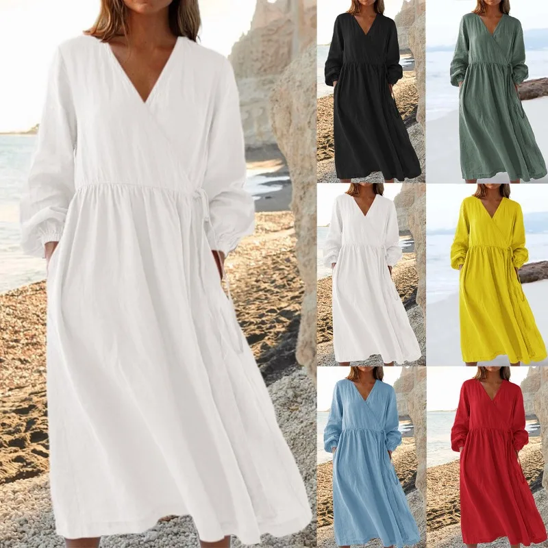 

2026 Spring and Summer Solid Color Loose High Waist Cotton and Linen Dress