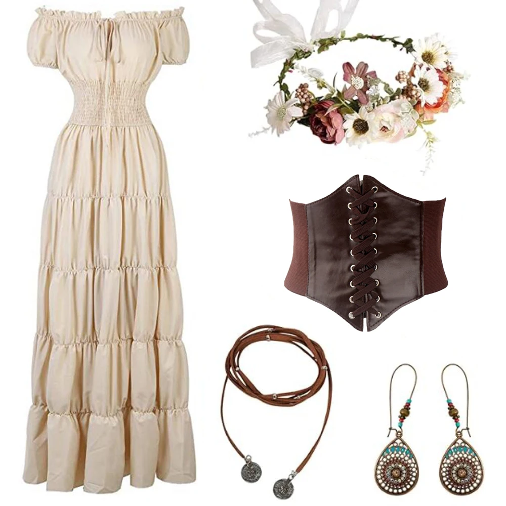 

Elegant Medieval Retro Renaissance Solid Color Dresses Cosplay Costume Boho Retro Pleated Long Dress Costume accessories