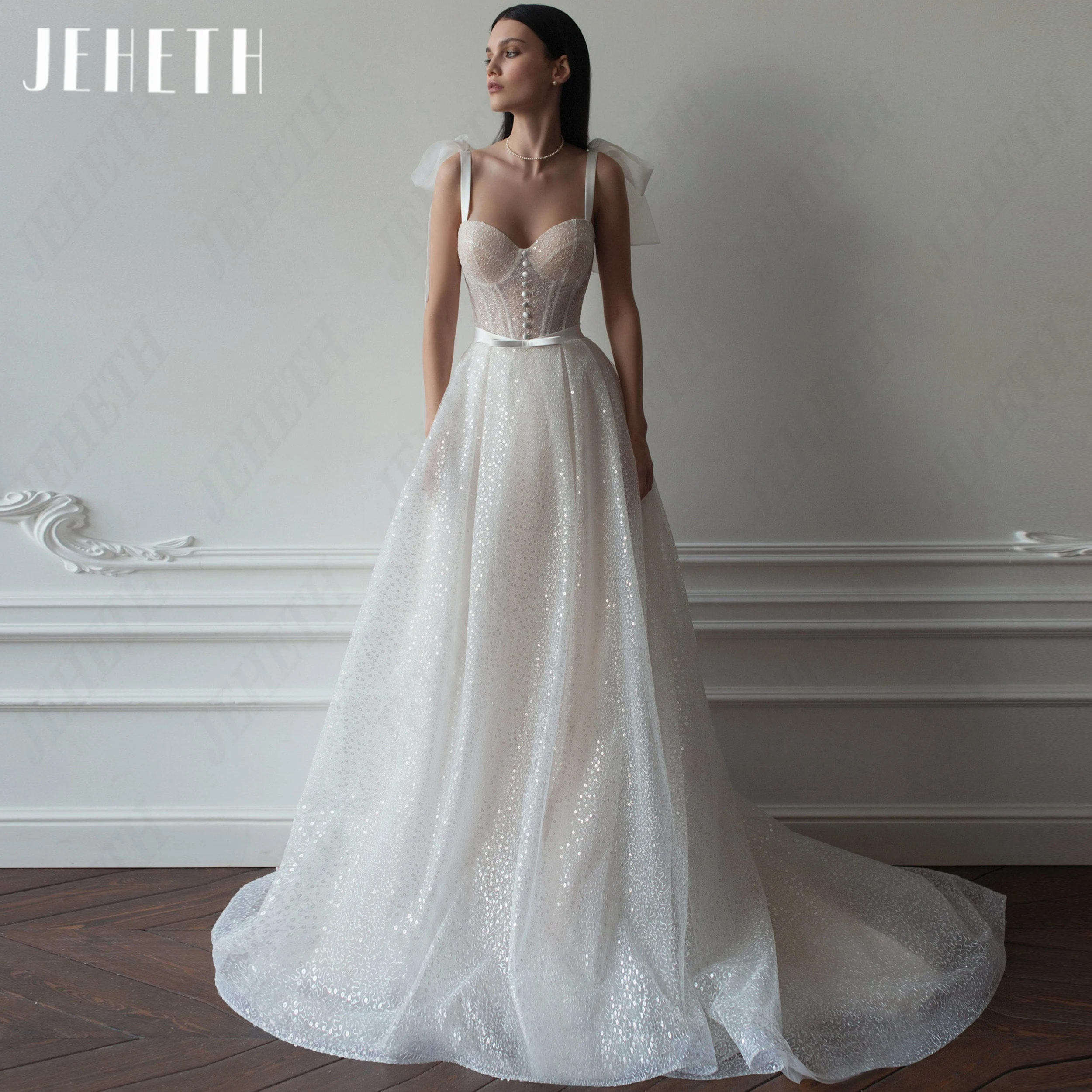 JEHETH Customized Sparkling Sequined Wedding Dress Bows Spaghetti Strap Bride Gown Illusion robe de mariee A Line Bridal Dresses