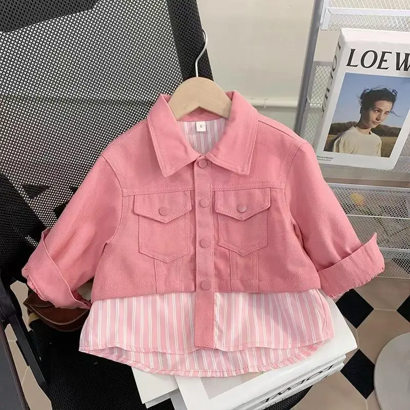 Girls Denim Jacket 2024 New Korean Version Fashionable Children's Baby Patchwork Top Spring and Autumn Trench Coat 2-7T