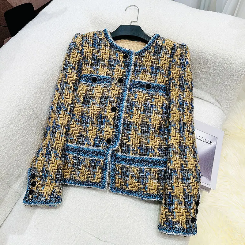 2025 new fashionable round neck contrasting color celebrity high-end temperament design casual tweed jacket