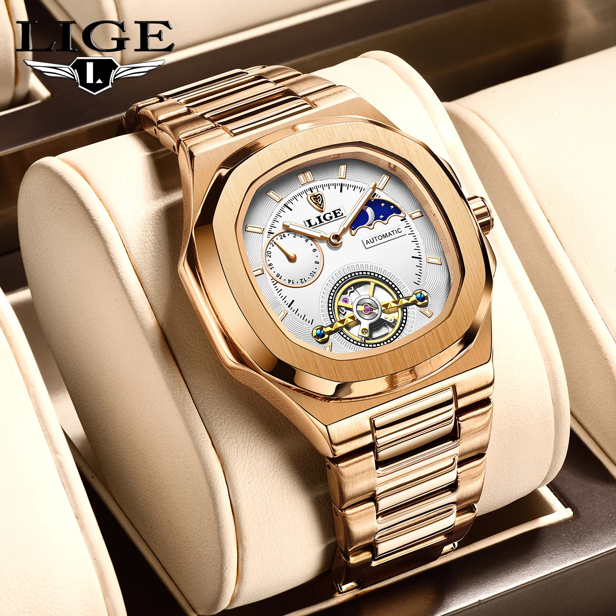 

LIGE Dual Seconds Tourbillon Watch 24-часовые механические часы Мужские часы из нержавеющей стали Аутентичные часы Night Glow Водонепроницаемые мужские часы