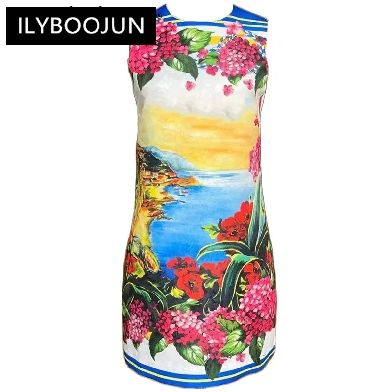 

ILYBOOJUN Fashion Designer Summer Tank Dress Women O-Neck Sleeveless Flower Print Vintage Mini Dresses