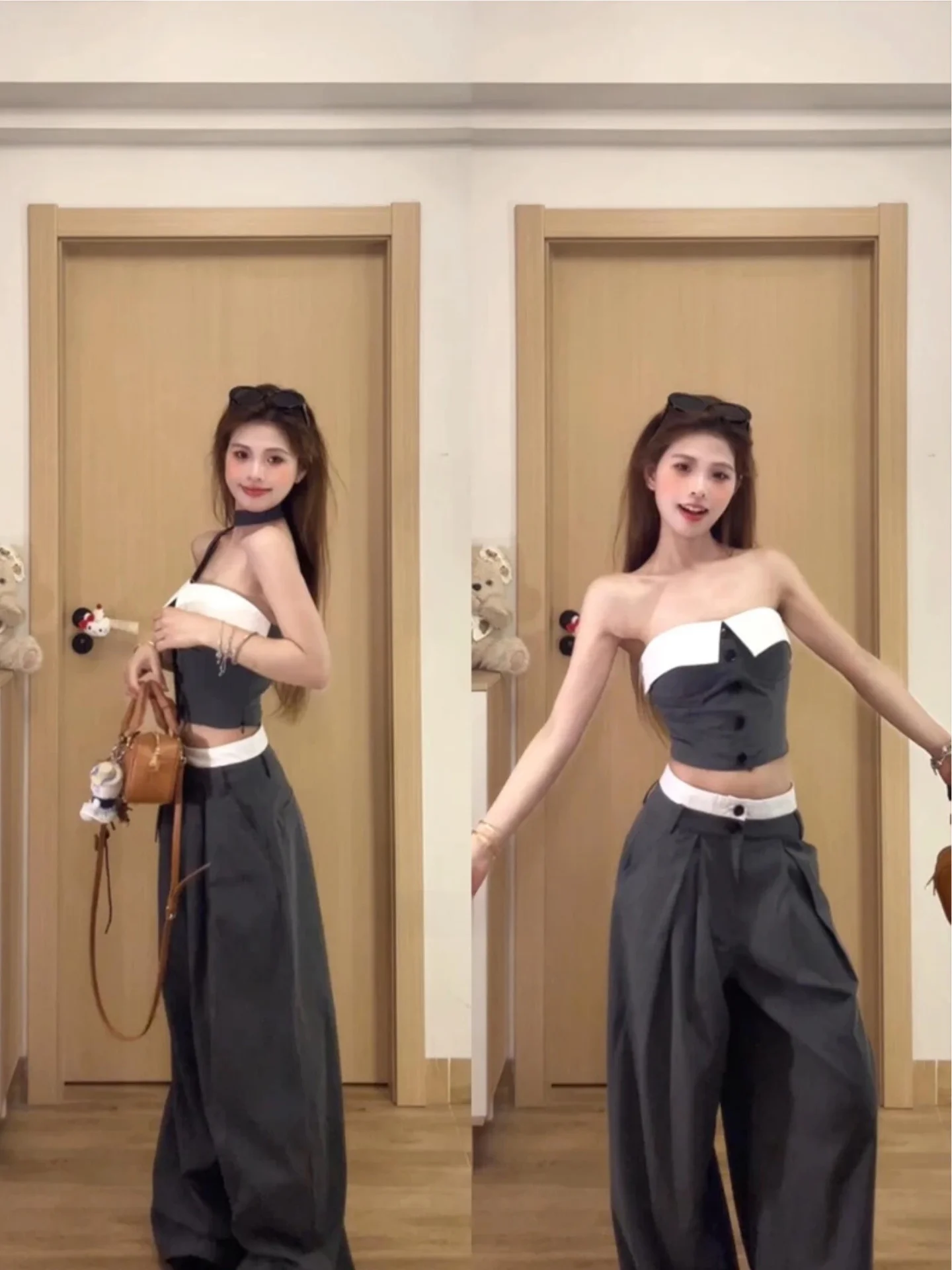 

Korean Sle Spicy Girl Set Women Pure Desire Color Colion One oulder Tube Top Vest Top High Waist Slimming Wide Leg Pants