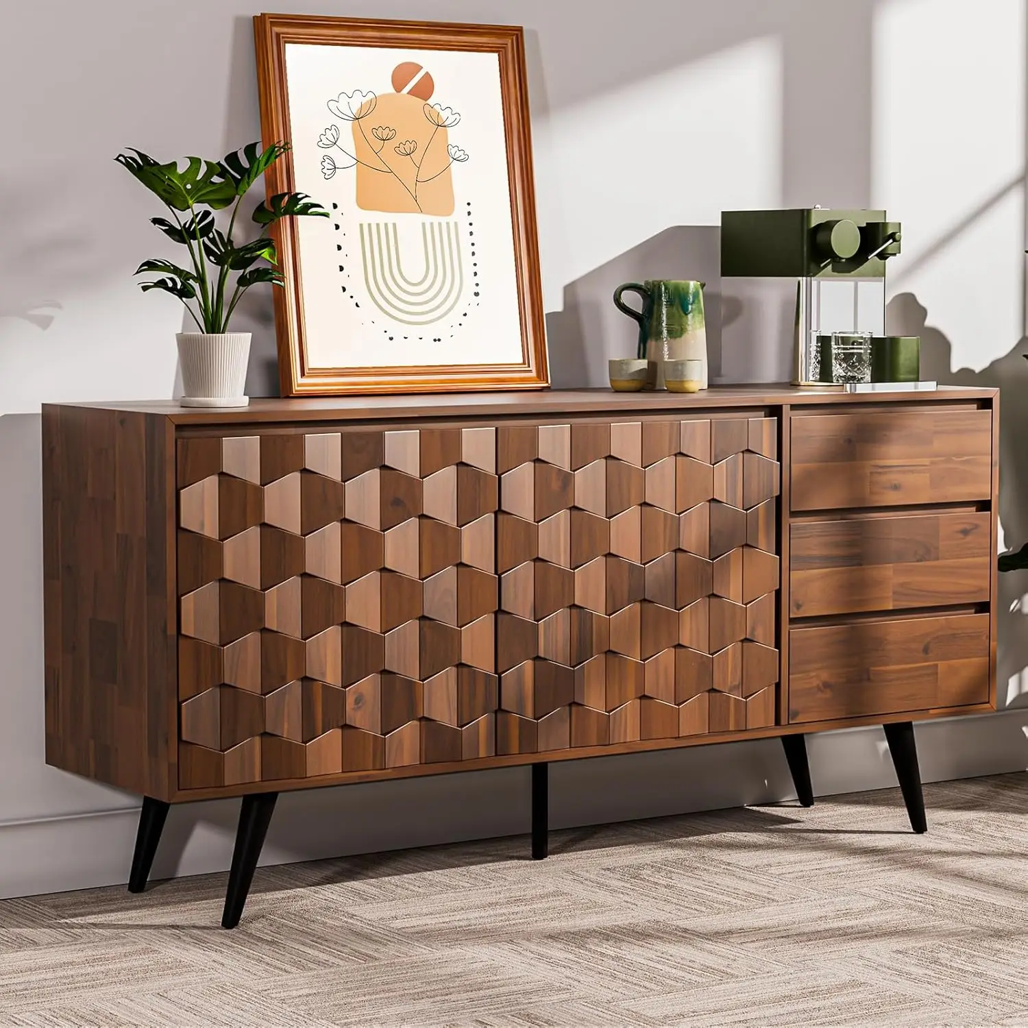 Sideboard aus Georgina-Massivholz, 2 Türen und 3 Schubladen, 61'' Mid-Century Modern-Schrank mit geometrischem Muster für die Küche