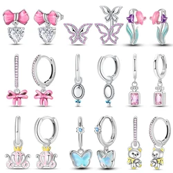 New Earrings 925 Silver Original Princess Bow Pink Butterfly Tulip Double Hoop Earrings For Women Girls Jewelry Birthday Gift
