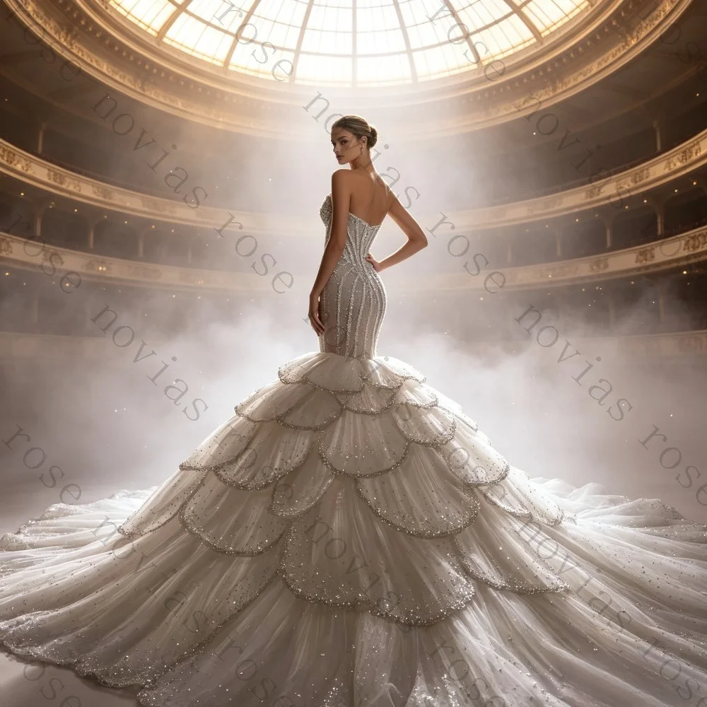 Customized Vertical Rhinestone Mermaid Glitter Tulle Petal Layer Skirt Extra Long Train Strapless Bridal Gown Vestido De Novia