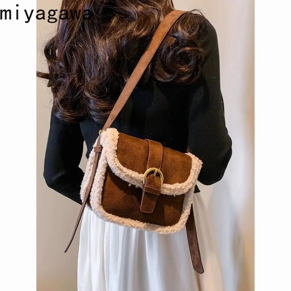 Miyagawa Plush Handbag for Women Autumn Winter 2023 New Bags Fashion Niche Retro Single Shoulder Crossbody Square Bag