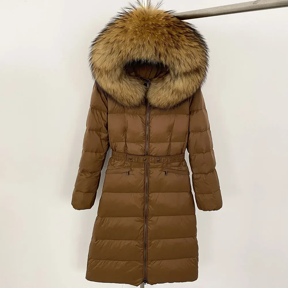 เสื้อโค้ทขนแรคคูนมีฮู้ดหนาสำหรับฤดูหนาวเสื้อโค้ทขนเป็ดสีขาวเสื้อแจ็คเก็ตขนสุนัขจิ้งจอกธรรมชาติสำหรับผู้หญิง