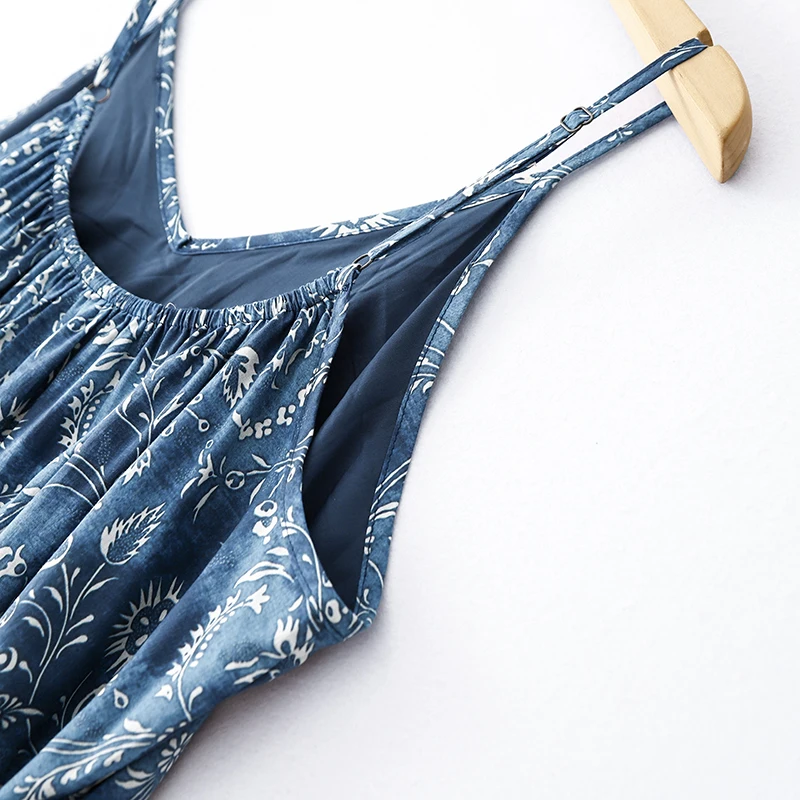 Belted V-neck Floral Printed Blue Cotton Slip Dress Women Summer Holiday Beach Boho Style Sleeveless Midi Long Dress With Pocket