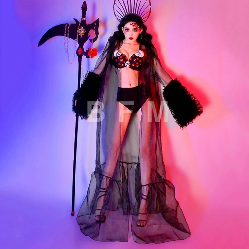 Sexy Gogo Dancer Clothing Women Black Drag Show Performance Outfit Halloween Skull Bikini Set Nightclub Party Rave Wear VDL4550