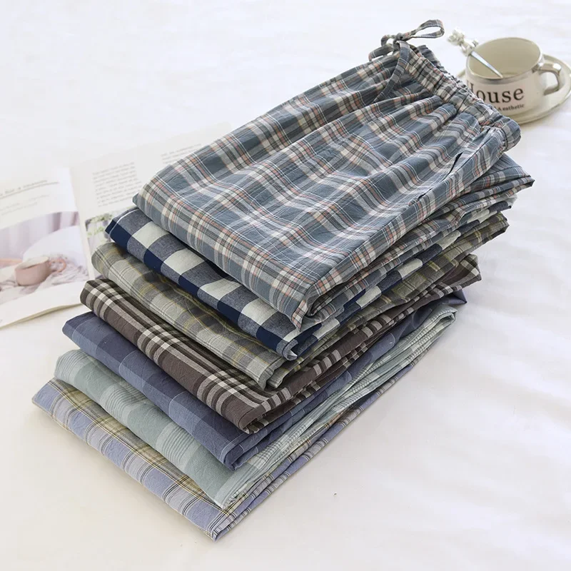 Pantalones de dormir para hombre, pantalones informales con estampado a cuadros multicolores, estilo de cintura elástica de algodón para primavera y verano