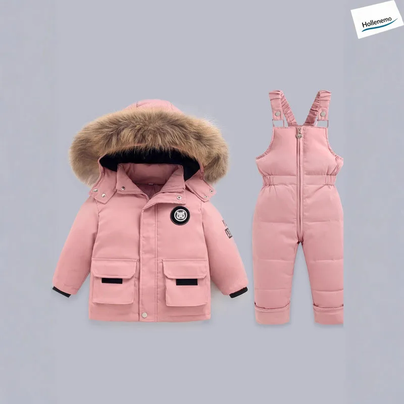 Kids 2‑Piece Winter Down Jacket Set Faux Fur Hooded Padded Coat Suspender Pants Warm Children Outfit For Boys Girls