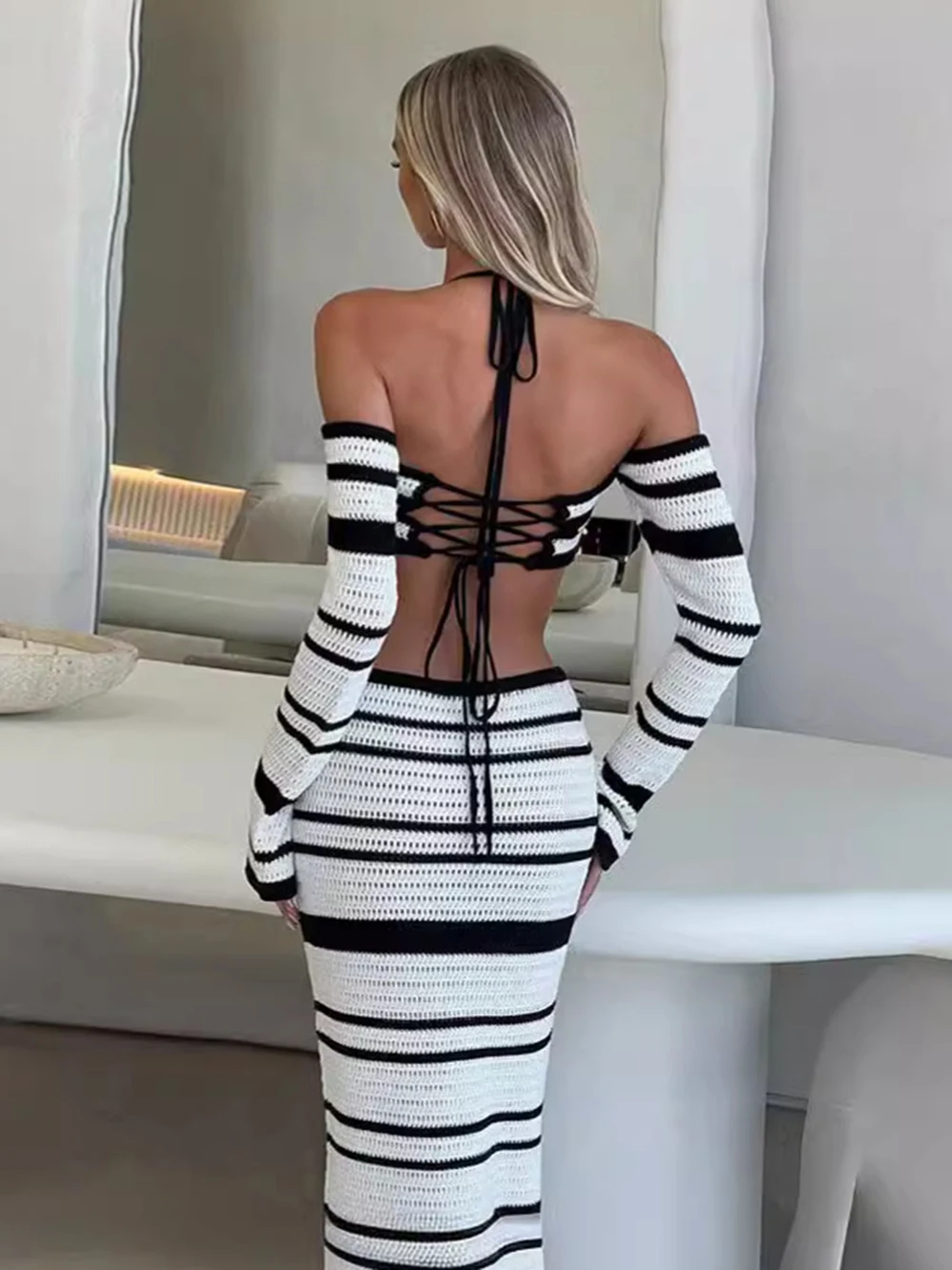 Sexy Collision Striped Knitted 2piece Set Women Summer Beach Clothing Off Shoulder Halter Lace Up Top+Elastic Straight Skirt