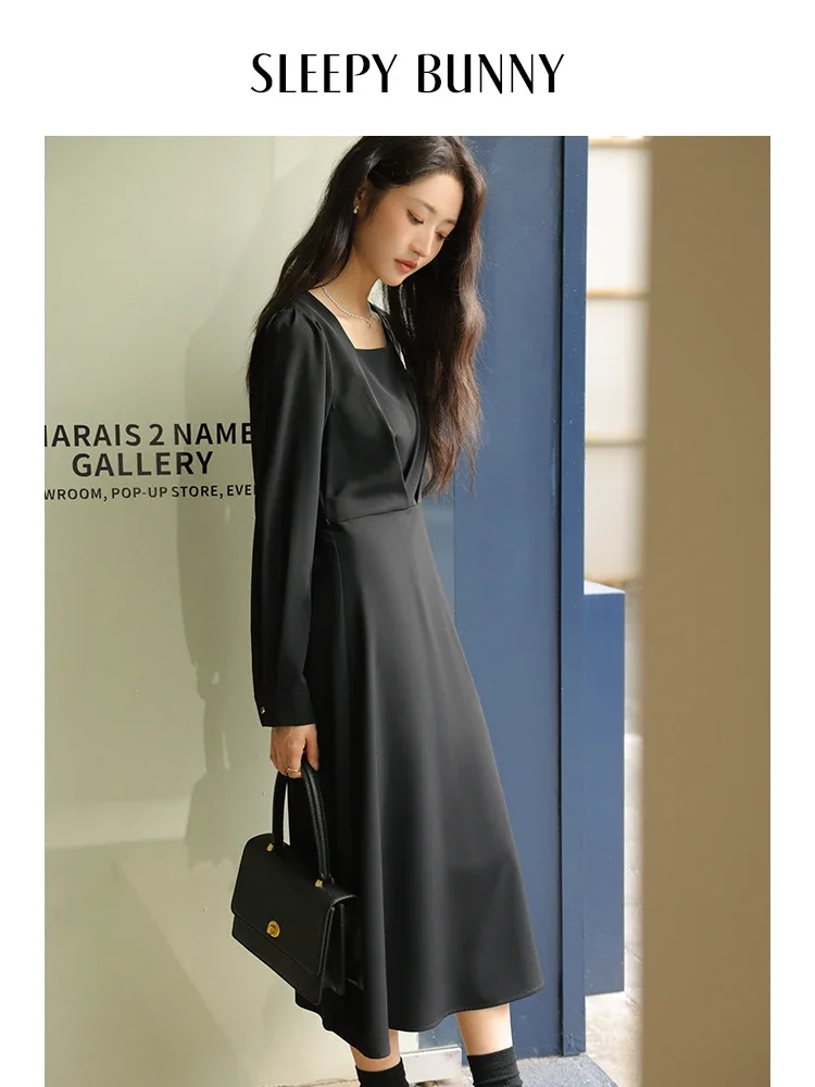 

Elegant Vintage Square Neck Long Sleeve Maxi Dress Women Spring High Waist Flowing A-Line Dress Slim Fit Flattering Midi Gown