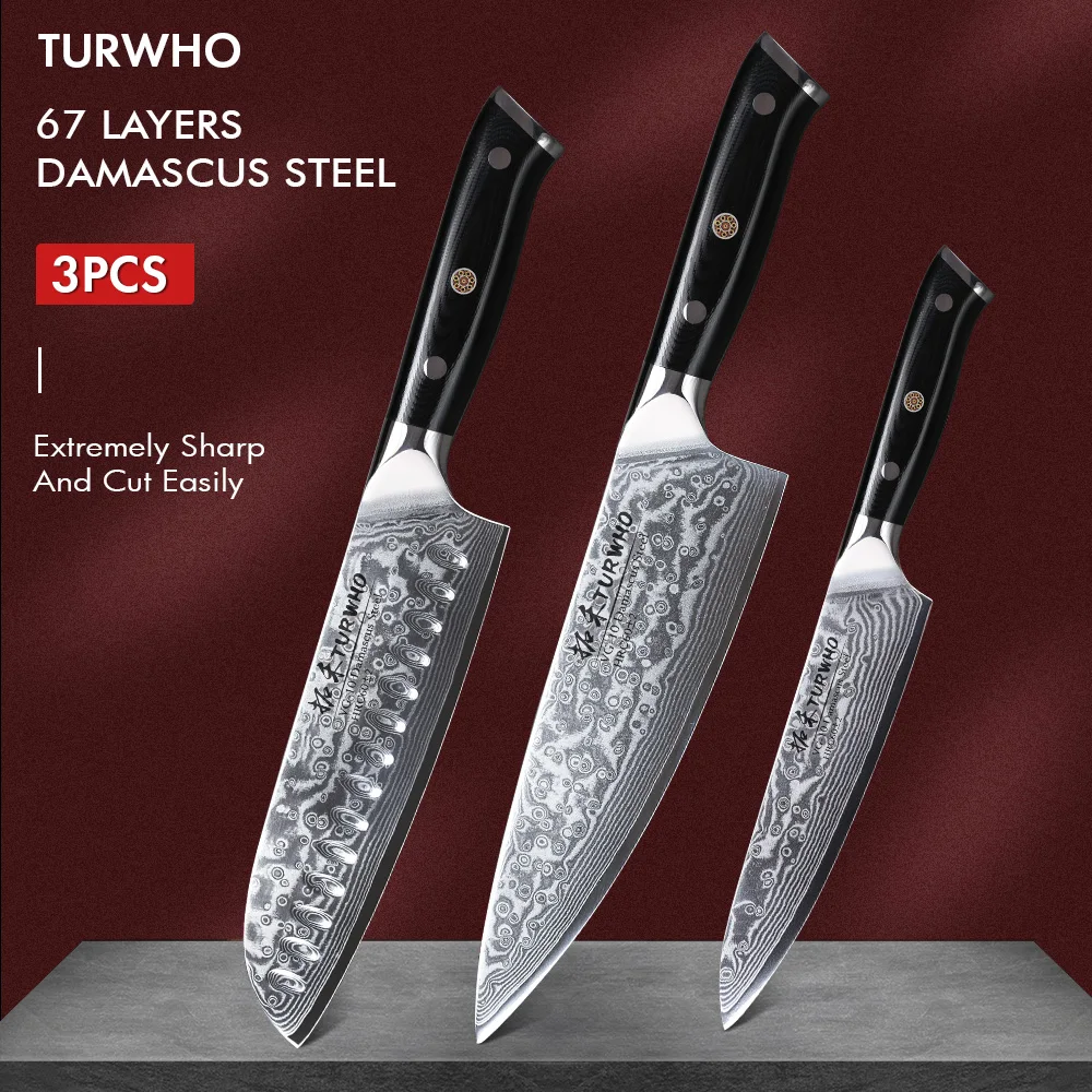 TURWHO Kitchen Knives Set of 3 Chef Knives 67 Layers Damascus Steel Santoku Meat Cutter Slicing Bread Multi Purpose Knives