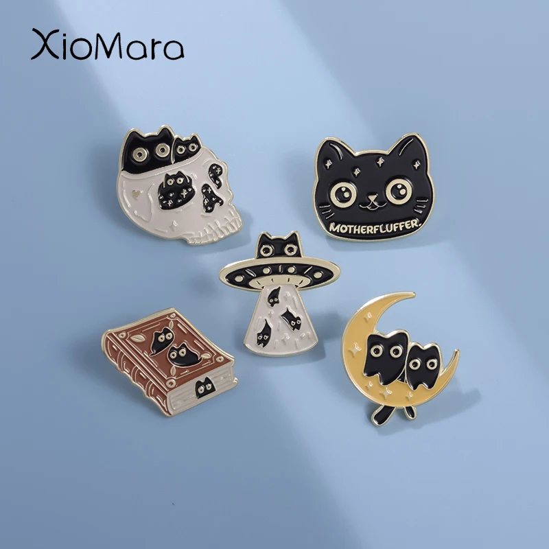 Cute Cats Enamel Pins Custom Magic Cat Book Alien Cat Brooches Lapel Badges Cartoon Animal Punk Jewelry Gift for Kids Friends