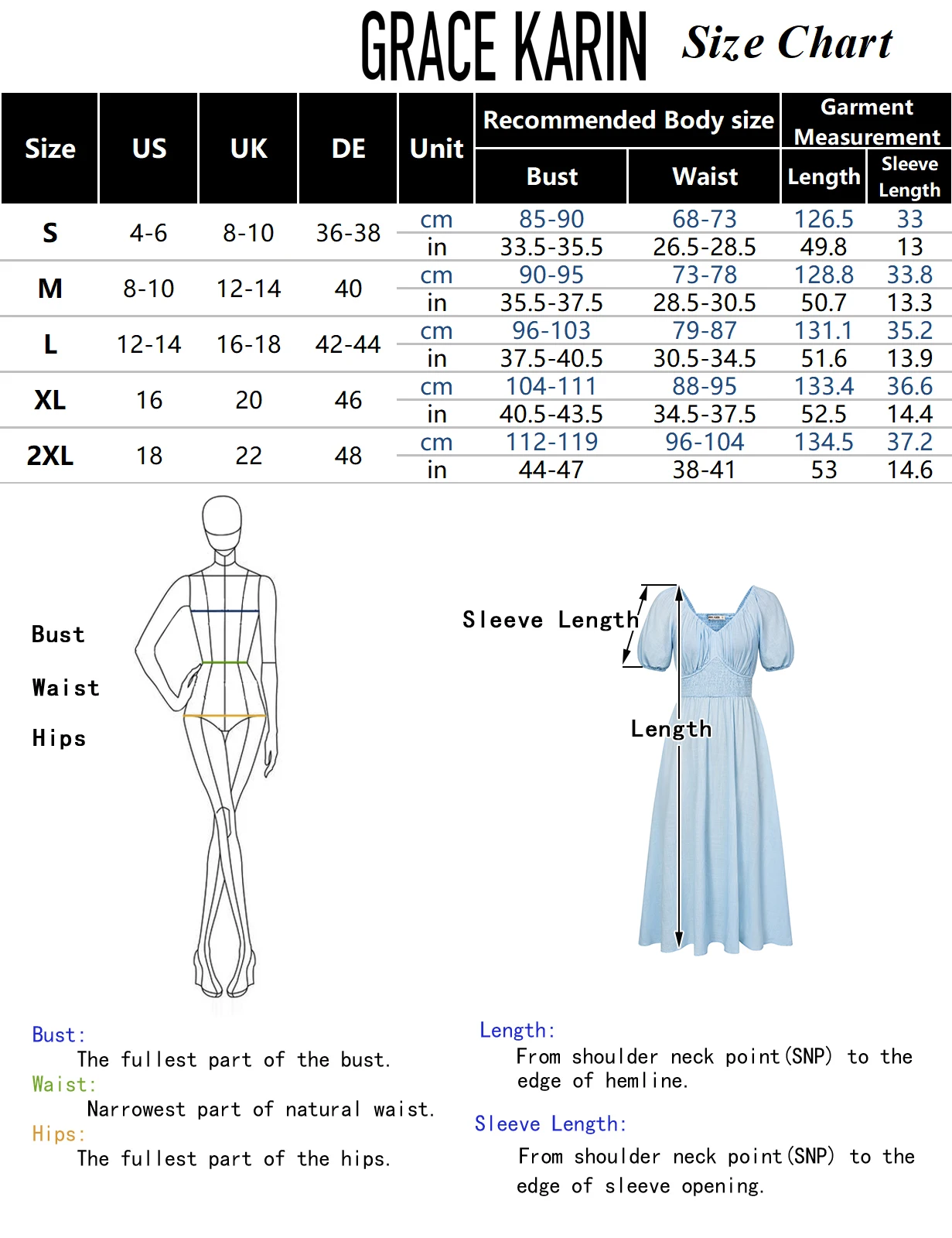 GK Damen Maxikleid, hellblaue Baumwolle, kurzärmelig, V-Ausschnitt, gesmoktes A-Linien-Kleid, hohe Taille, Sommer-Retro-Feiertagskleider