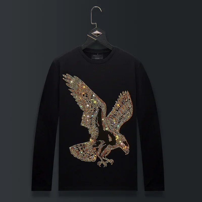 

Plus Size Long Sleeve T Shirts Men Cartoon Eagle Rhinestones Fashion Streetwear O Neck Slim Modal Cotton Tshirts Mens Clothing