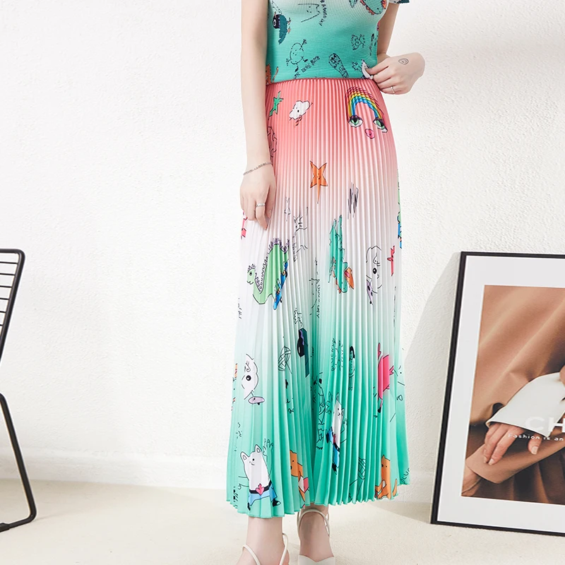 Heißes verkaufendes, hochwertiges Miyake-Falten-Set, elastisches Stretch-Oberteil und breiter Faltenrock, 2-teiliges Set