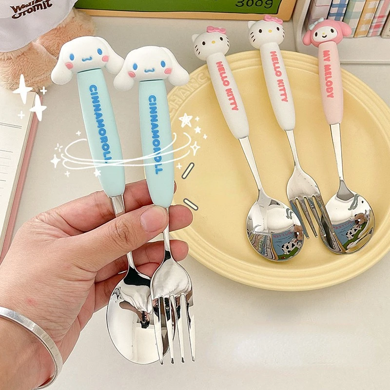 High Aesthetic Creative Kuromi Spoon and Fork Set, 304 Stainless Steel Spoon, Convenient Tableware for Children and Students