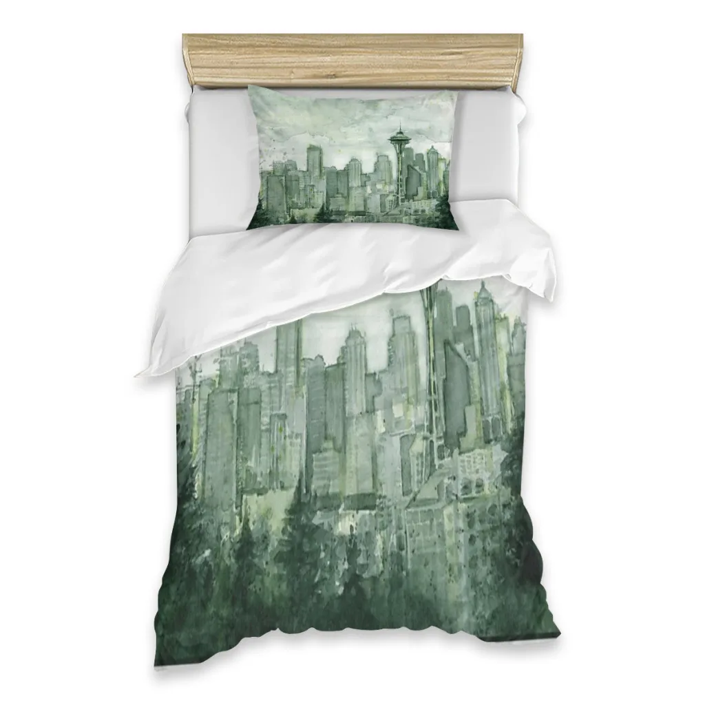 Seattle Skyline Space Needle Watercolor Single Bed Sheets Set  Complete Case Single Linen Quilt Cover