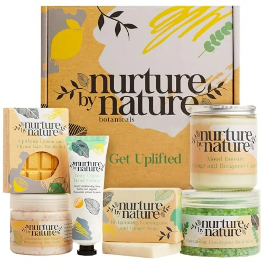 

Nurture by Nature RELAX and UPLIFT Spa Kit for Women Birthday Gifts for Women 6 Piece Gift Basket with Hand Soap, Body Scrub, H