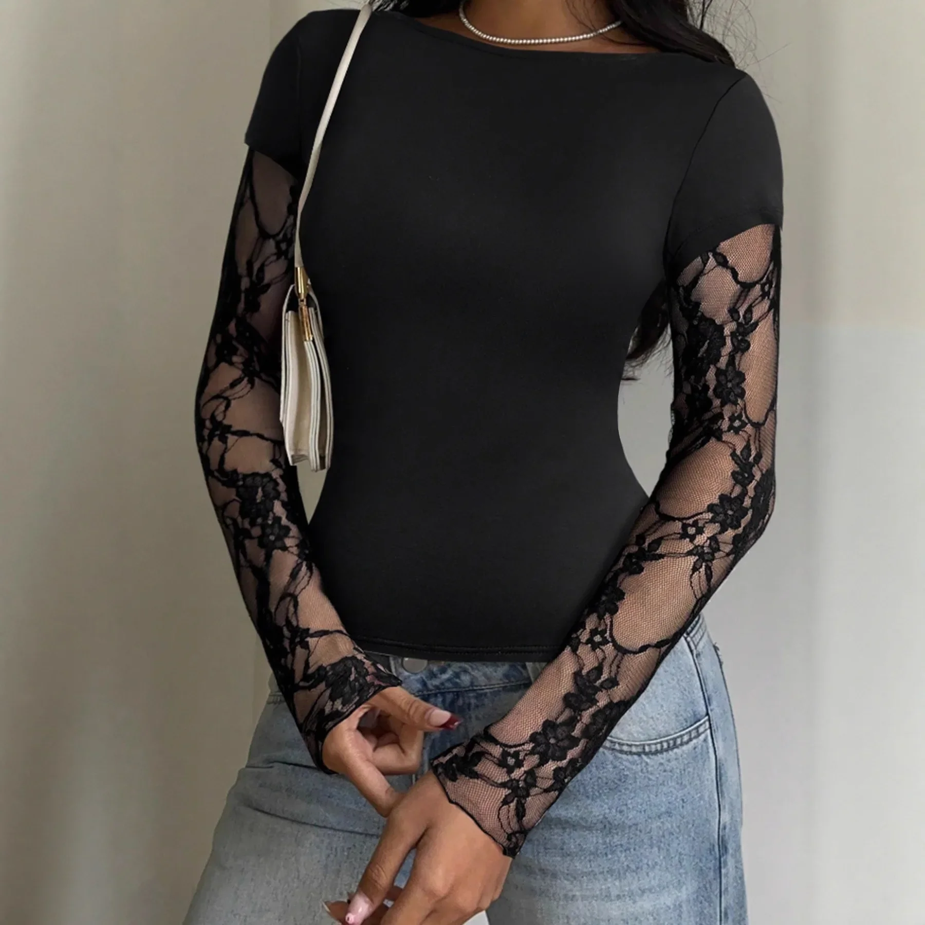 

New Fashion Design Bottoming Shirt Temperament Round Neck Splicing Mesh T-shirt Top