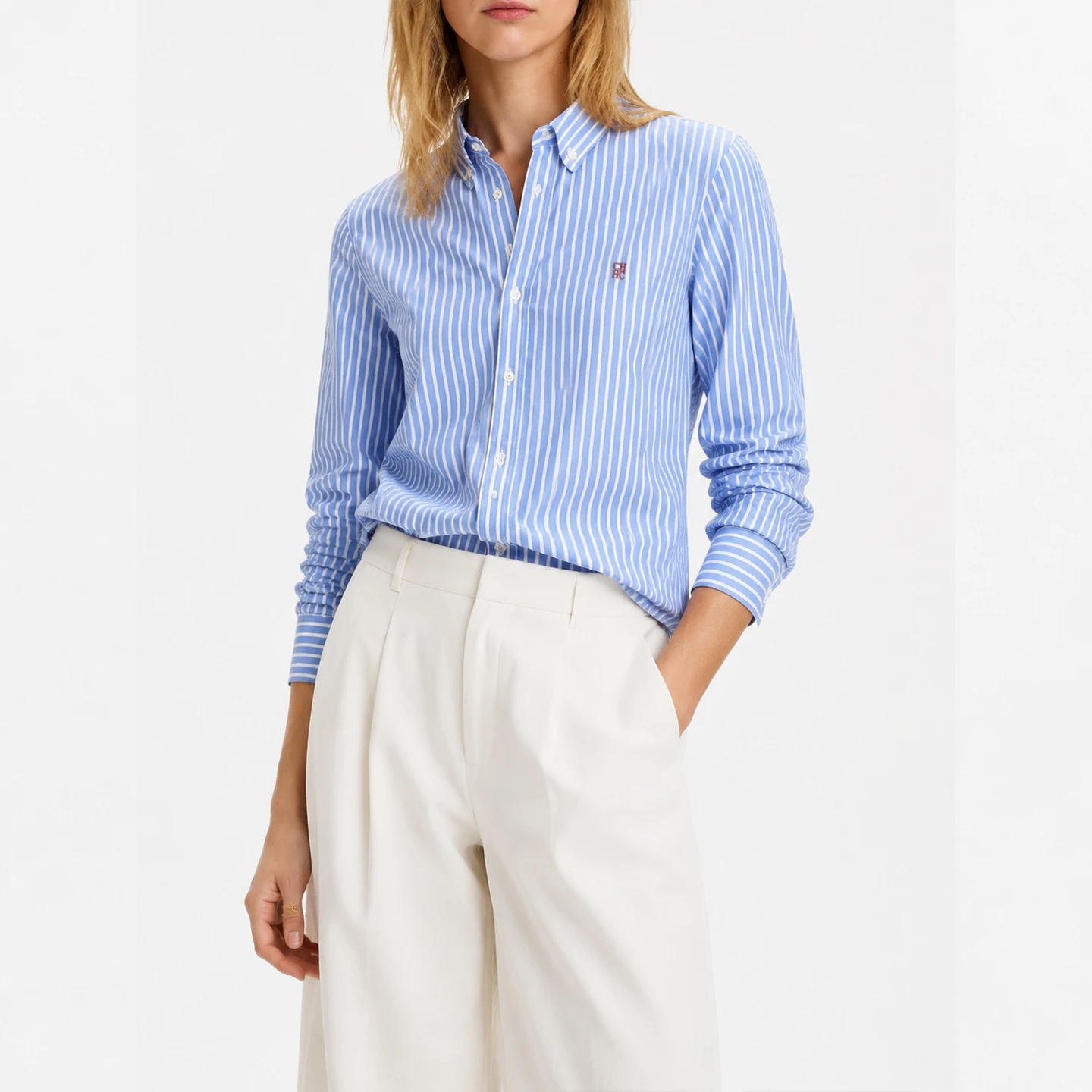 CH Damen Blau-Weiß Gestreiftes Hemd Langarm Daunenbluse Lässige Büro-Damen-Oberteile Modisches Slim-Fit Business-Arbeitshemd – Detail 7