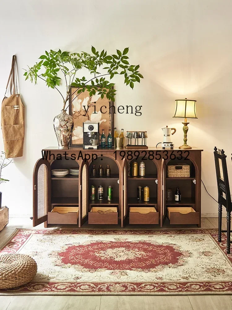 LYY خزانة جانبية لتناول الطعام بتصميم عتيق من الخشب الصلب وشرفة تخزين منزلية من الخيزران مقابل خزانة شاي مقوسة على الحائط #4