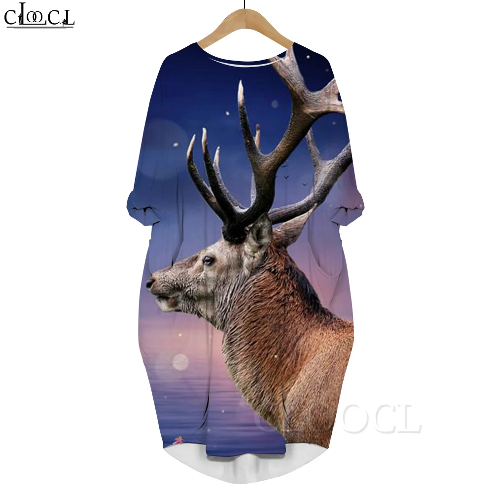 CLOOCL Populaire dierenjurk met lange mouwen Losse casual pulloverjurk Zonsondergang Elanden Graphics 3D-geprinte zakjurk voor dames