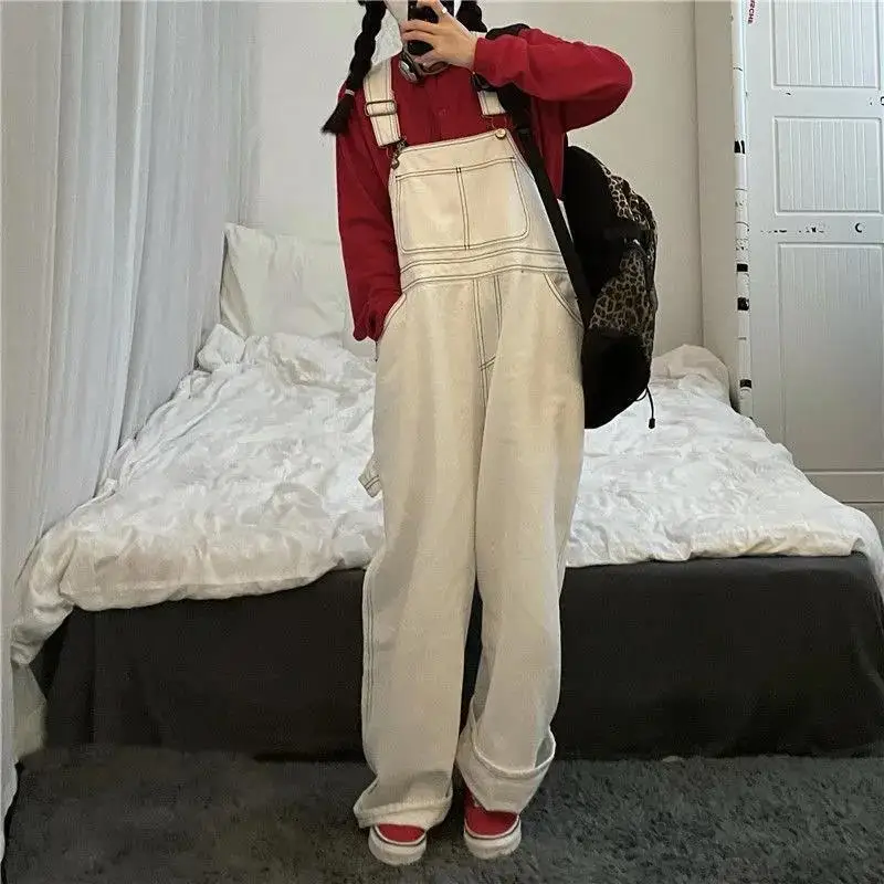 White Denim Strap Pants Women Spring Autumn High Waist Loose Full Length Wide Leg Pants Vintage All-matched Jumpsuit Jeans