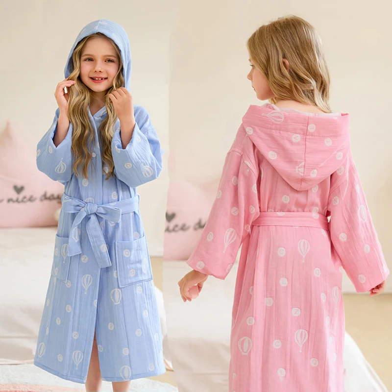 Children's Bathrobe 100% Cotton Double Layer Gauze Robes Cute Long Sleeve Hooded Print Kids Clothes Homewear Sleepwear Boys Girl