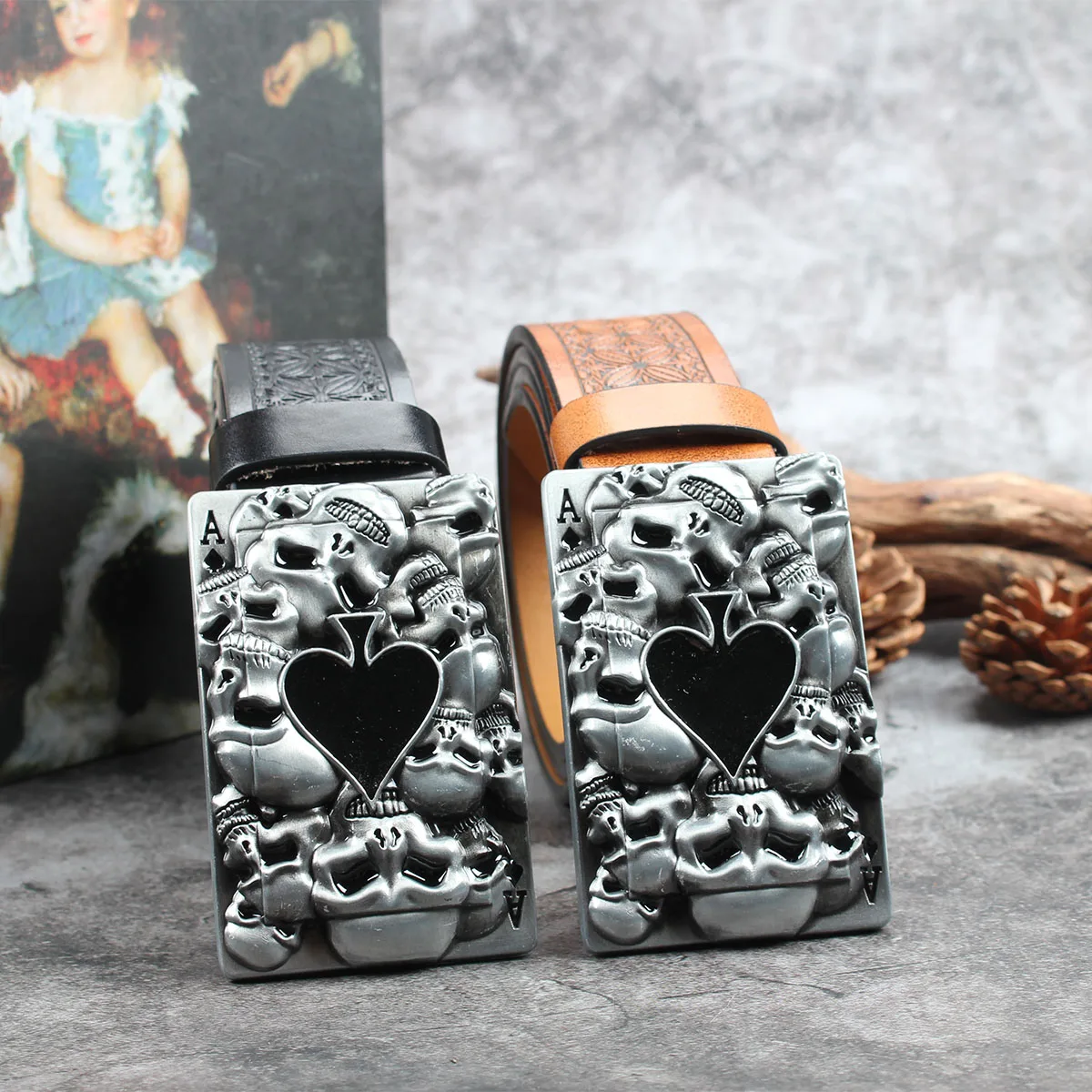 Square Card Poker Skull A3.7cm wide men's and women's Western bull head denim style bull scalprendy belt smooth buckle