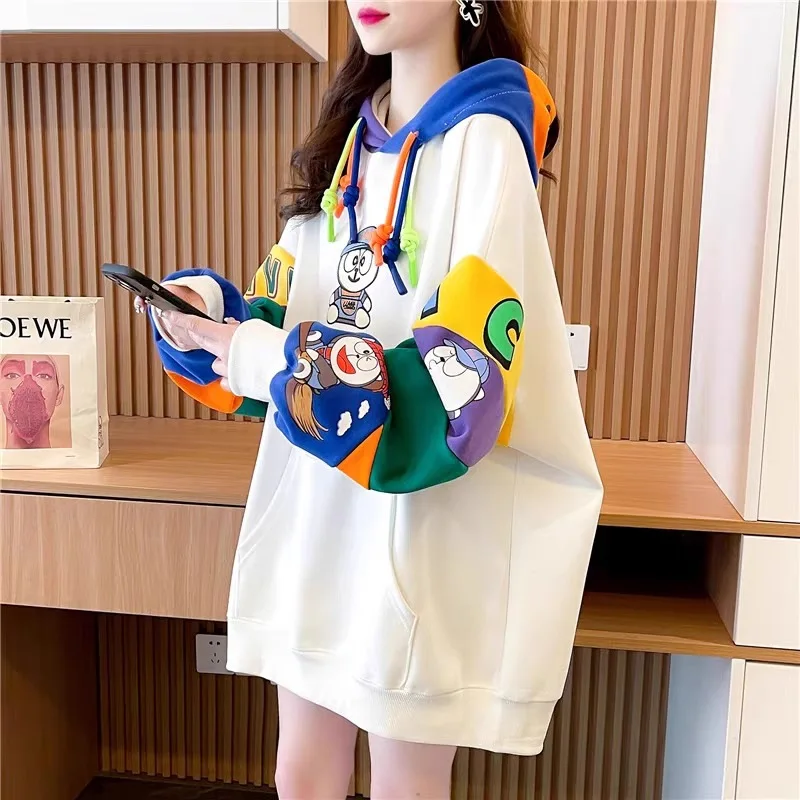 

Casual and versatile 2025 new style spring and autumn thin cartoon color-block hooded sweater, trendy