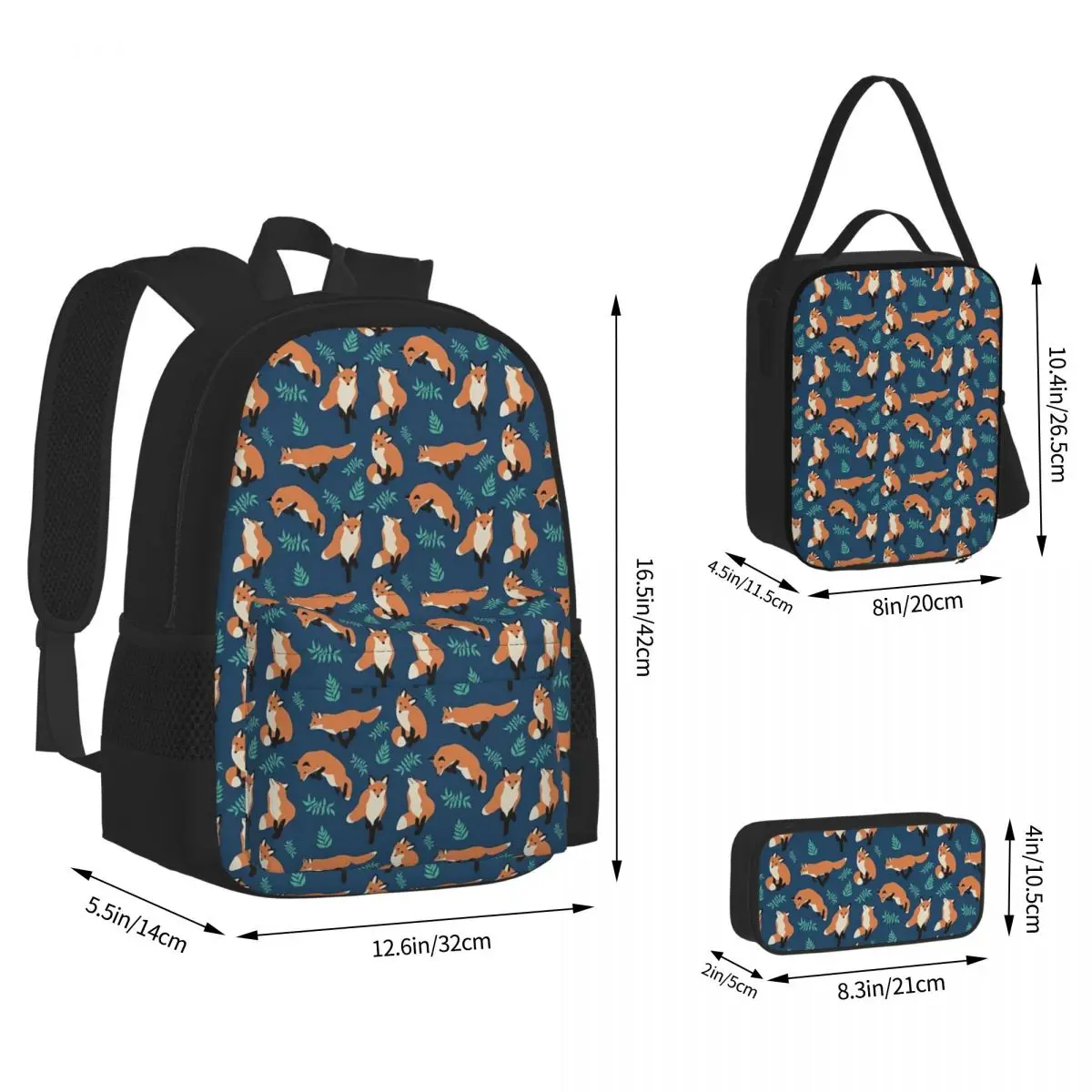 Mochilas de estilo zorro para niños y niñas, mochilas escolares de dibujos animados, bolsa de almuerzo, bolsa para bolígrafos, juego de tres piezas