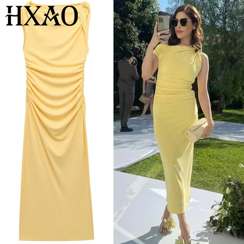HXAO 러플드 옐로우 드레스 여성용 드레스 여름 2025 우아한 미디 비대칭 주름진 민소매 휴가 드레스 066