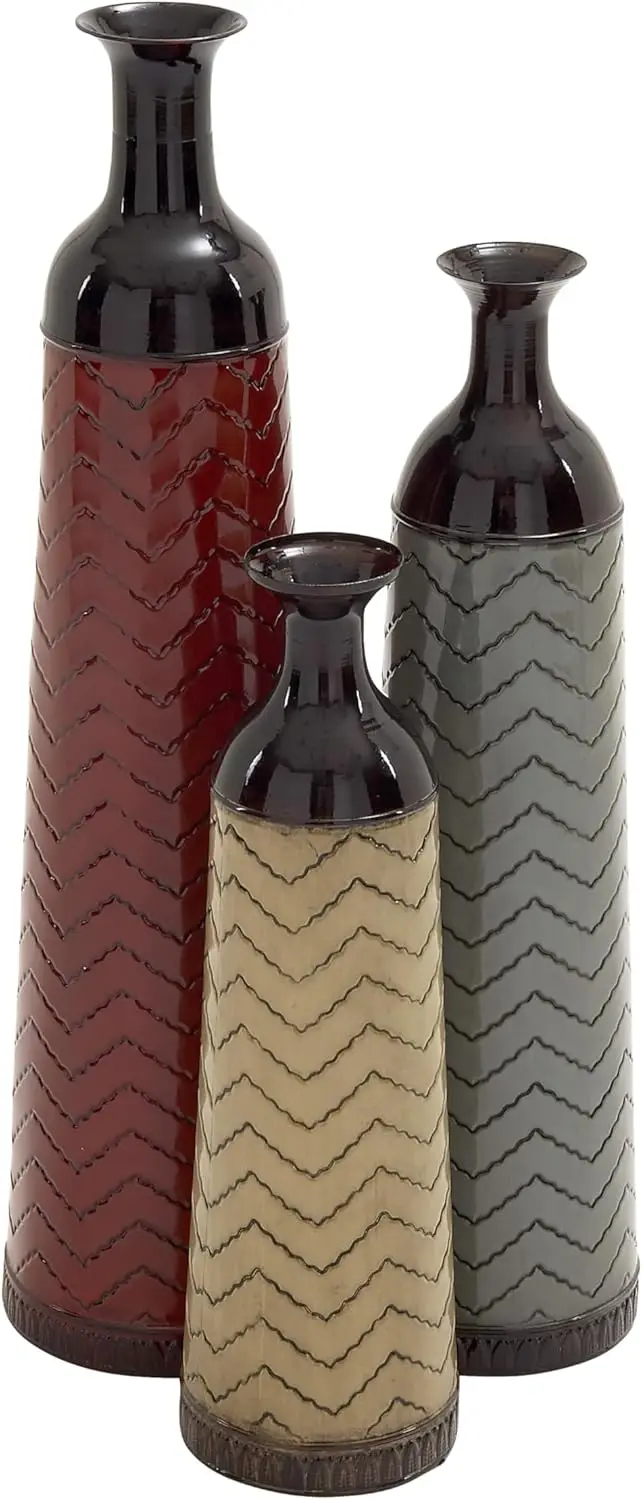 

Set of 3 Tall Enameled Bottleneck Floor Vases, Chevron Pattern, 32", 27", 22"H, Multi Colored
