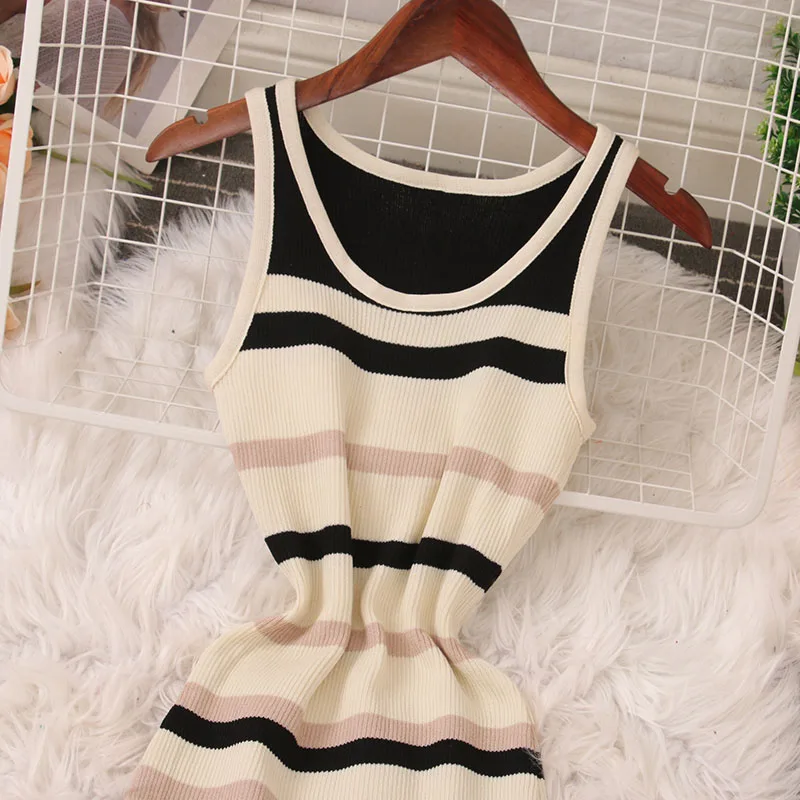 2024 New Summer Chic Stripe O-neck Knit Elastic Bodycon Dress Sexy Beach Vacation Sundress Slim Pencil Vestidos Long Dress