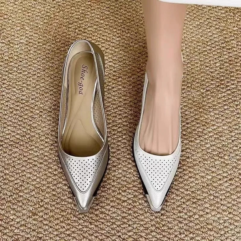 

Autumn New Thin Heel Shoes Women Fashion Pointed Shallow Hollowed Out Breathable Metal Head Mid-heel Low-top Shoes