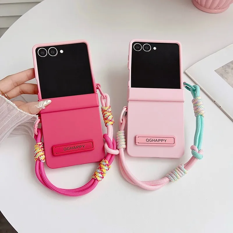 Double Color Contrast Lanyard Matte Case for Samsung Galaxy Z Flip 7 6 5 4 3 8 Hand Wrist Strap Bracket Stand Hard PC Cover