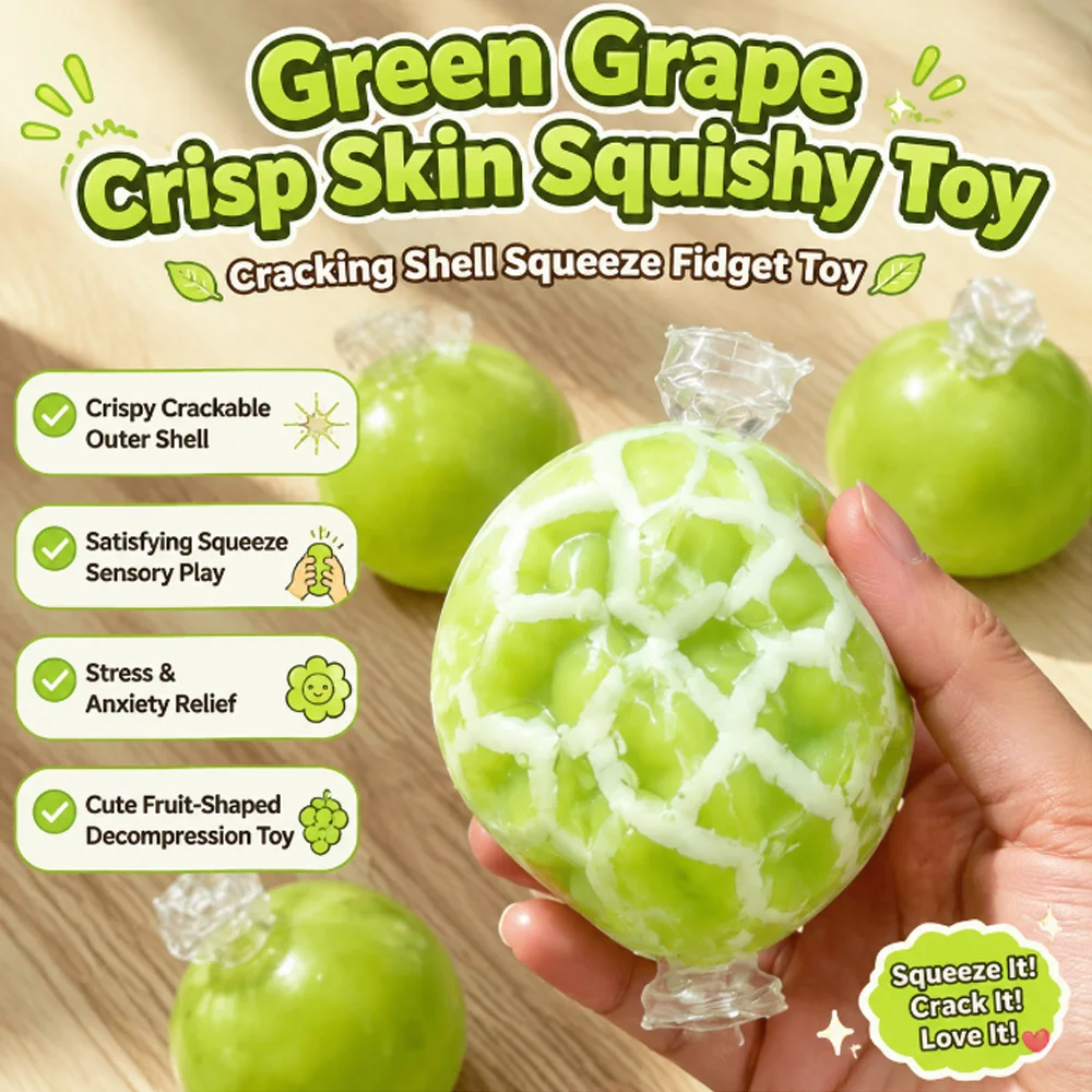 Crispy Green Grape Squishy Fidget Toy, Crack Shell Squeeze Toy, Cute Fruit Stress Relief Sensory Play Toy