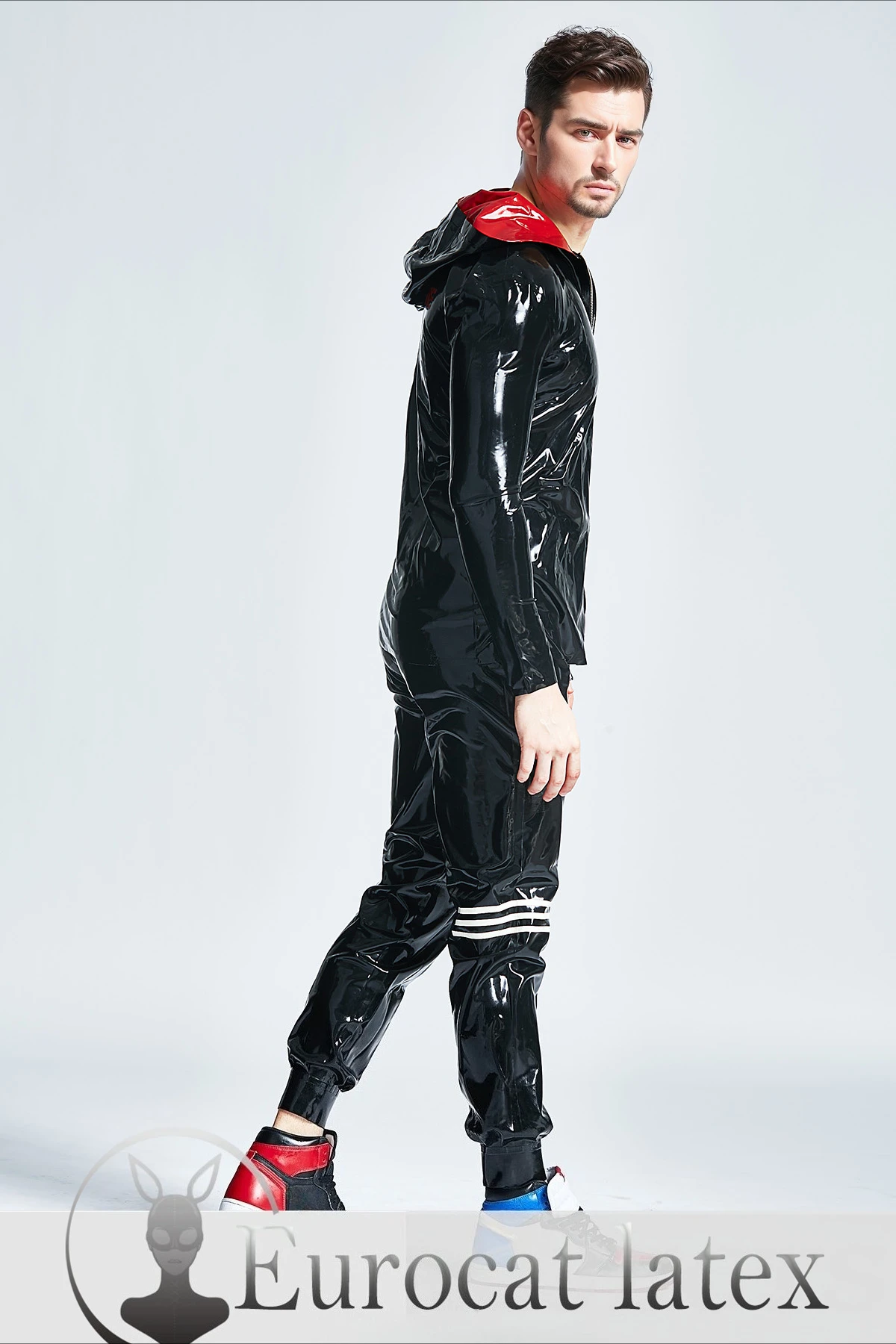 

customized rubber jacket men latex black red hood white stripes handmade rubber clubwear cosplay fashion